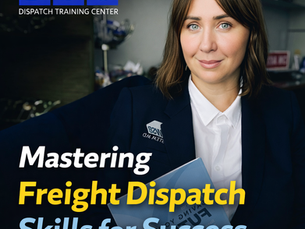 Professional freight dispatch instructor in office setting wearing navy blazer and holding a book, representing advanced dispatch training.