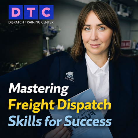 Professional freight dispatch instructor in office setting wearing navy blazer and holding a book, representing advanced dispatch training.