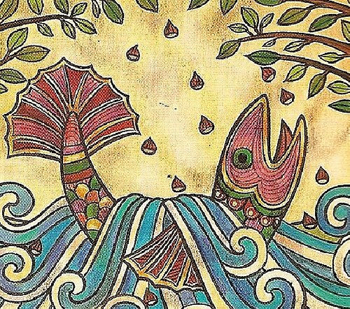 Colourful illustration of a stylised salmon amidst blue waves, beneath leaves and hazelnuts on a yellow background.
