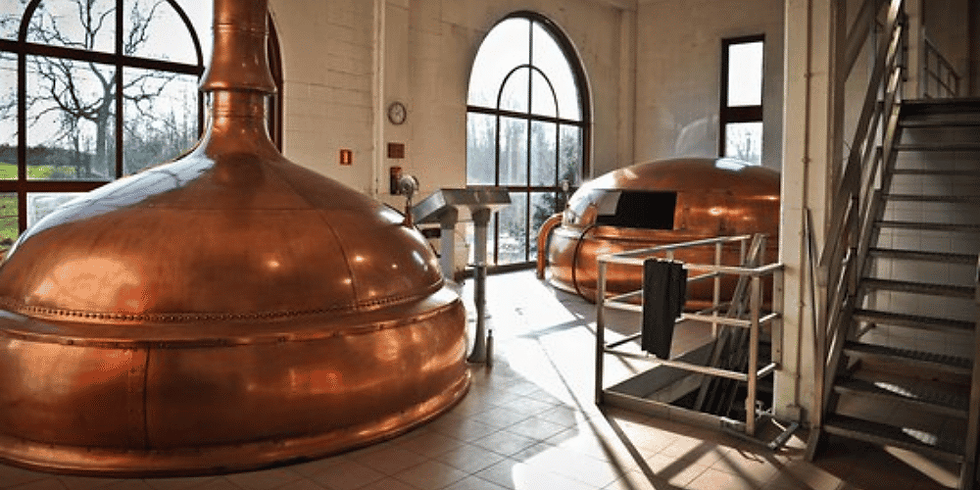 Intérieur lumineux de la brasserie montrant deux grandes cuves de brassage traditionnelles en cuivre brillant, installées dans une salle aux murs blancs avec de grandes fenêtres cintrées