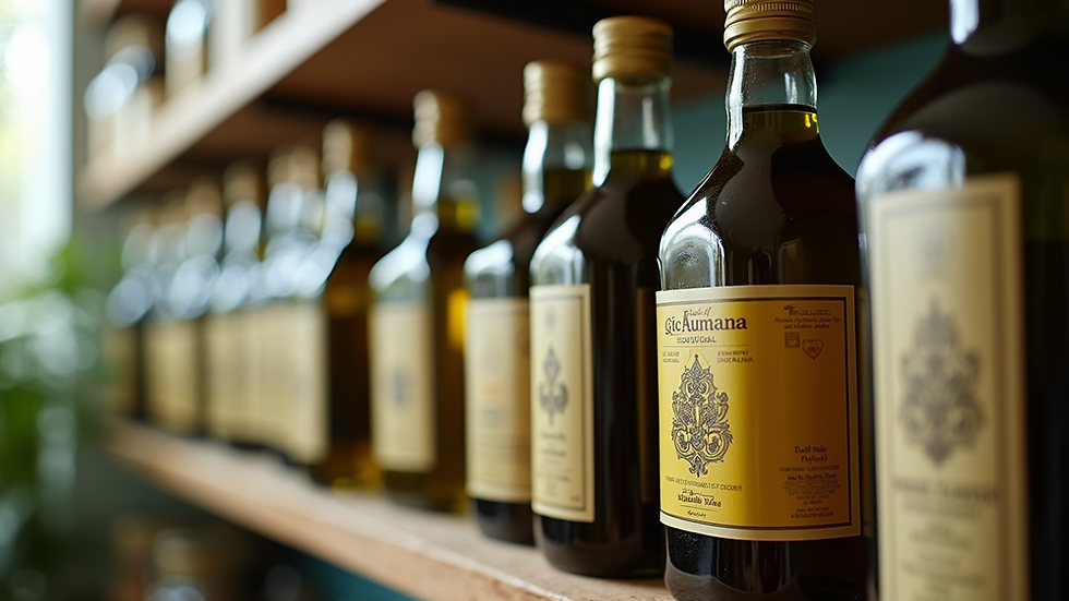 Eye-level view of assorted olive oil bottles with different labels on a kitchen shelf