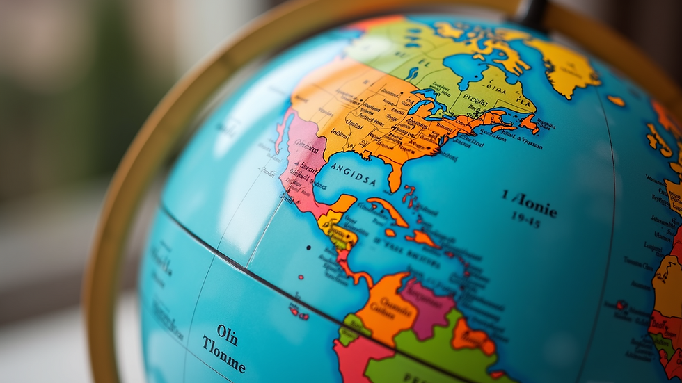 Close-up view of a globe highlighting diverse travel destinations