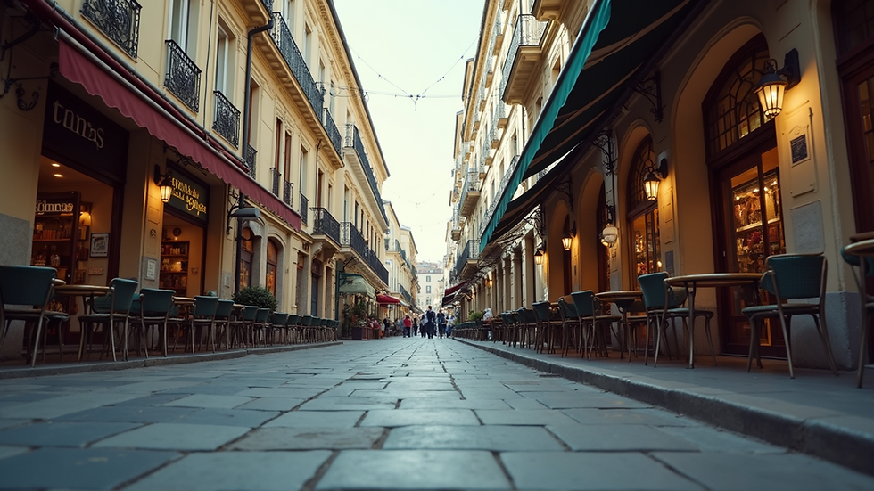 Eye-level view of a vibrant city street filled with cafes and shops