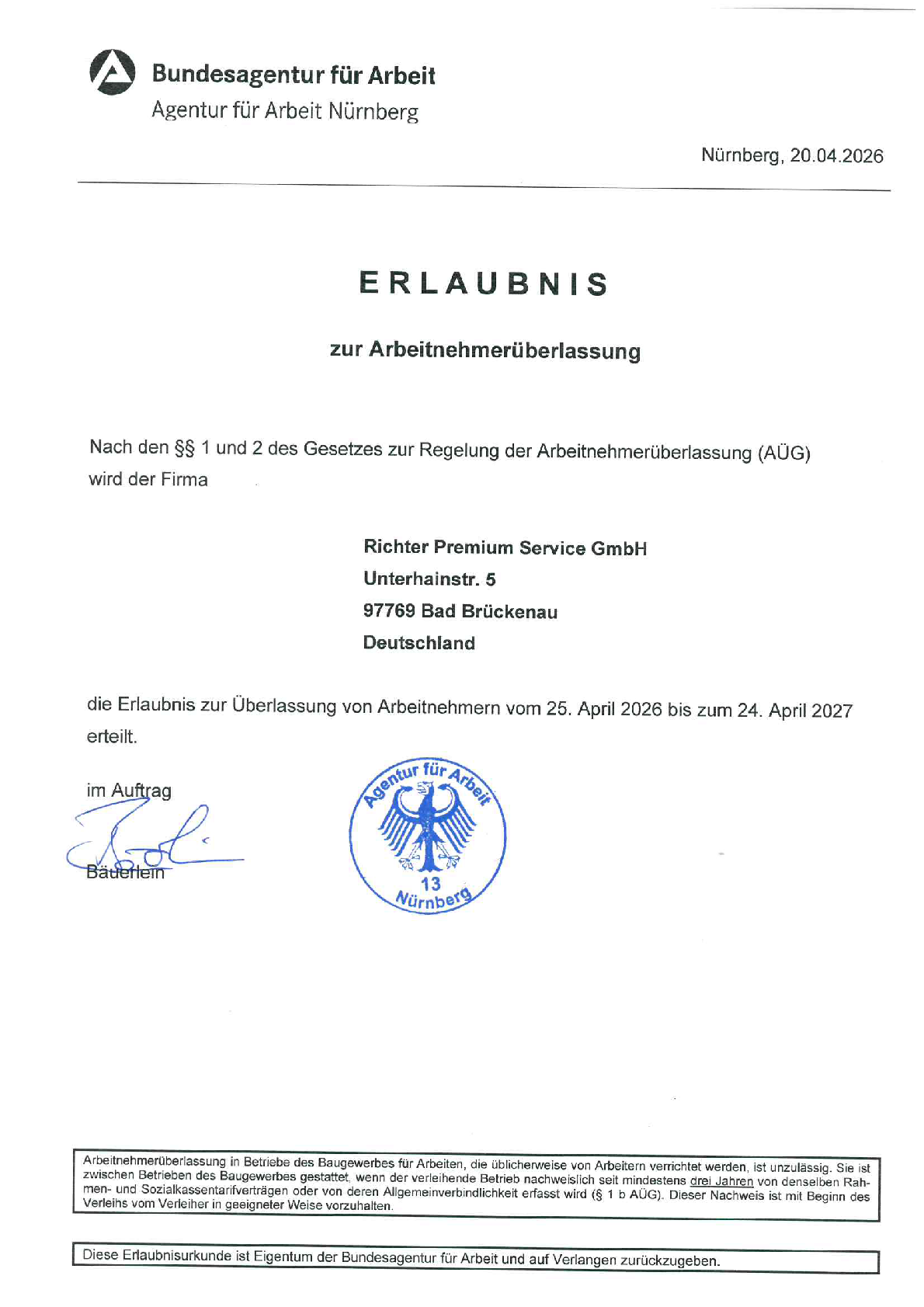 Certificate for temporary employment