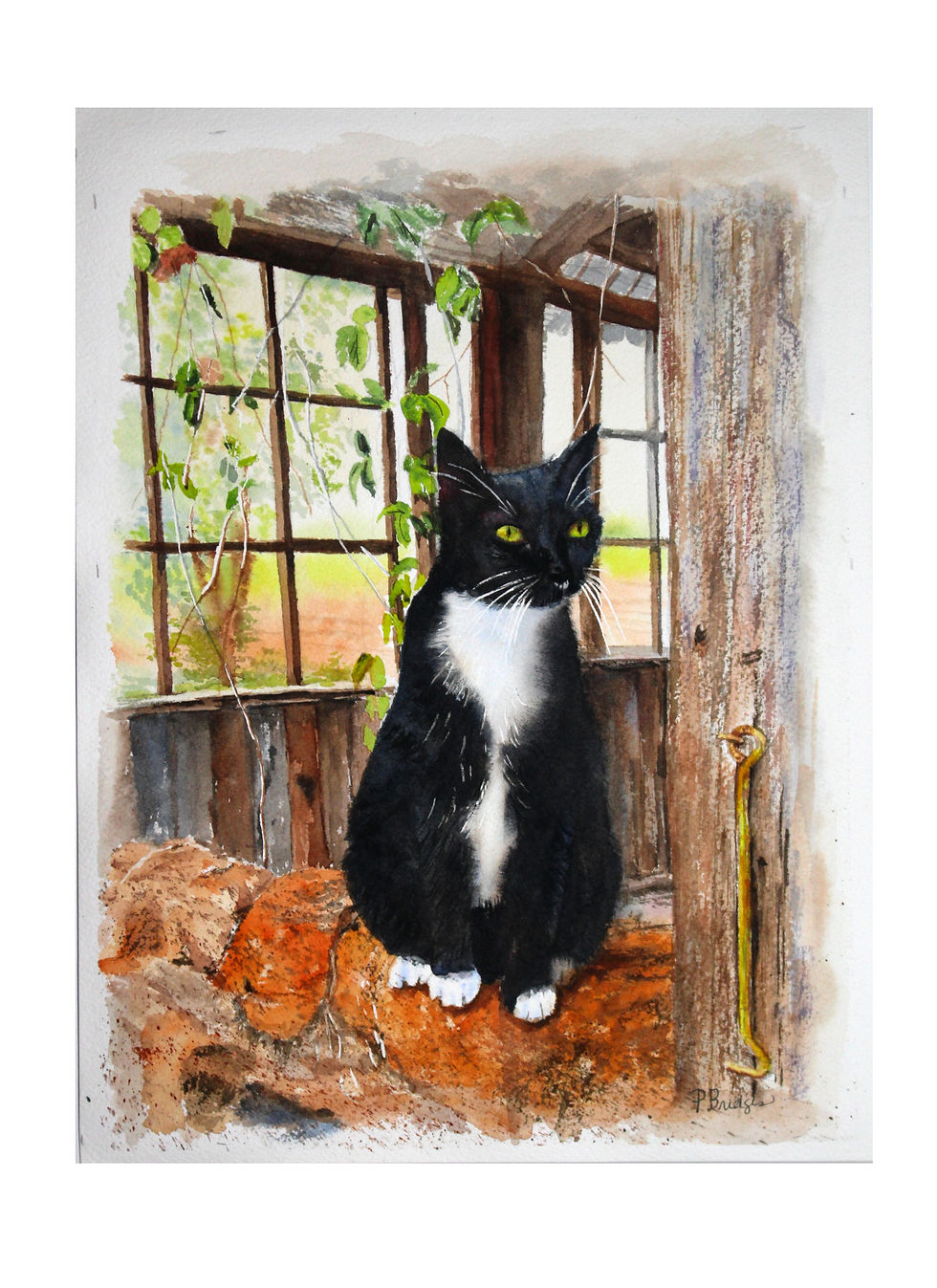 Original Framed Watercolor painting of a Tuxedo black and white cat sitting on an old rocky wall in a barn.