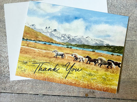 Thank you card with a print of an original wild horses running in a meadow