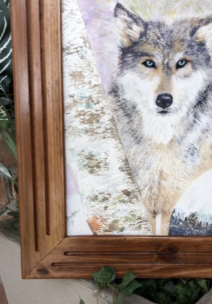 Thumbnail: 9x12 watercolor painting of a gray wolf in the snow.