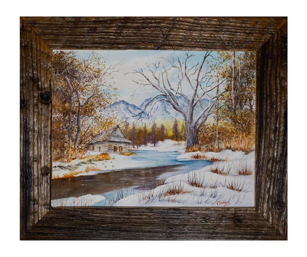 Thumbnail: Winter snow on the river next to a Cabin with Blue mountains in the background.