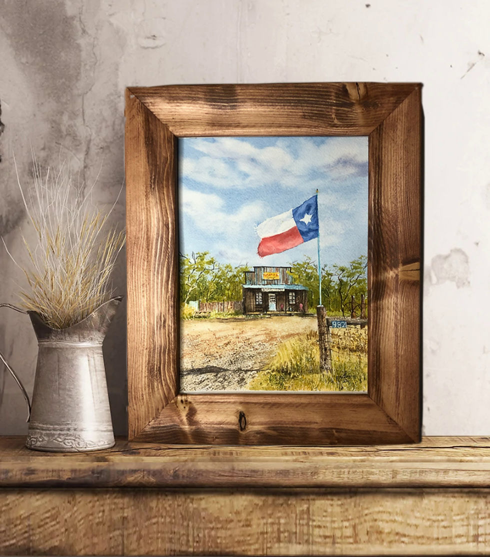 Thumbnail: 9x12 Framed watercolor painting a an old general store with the Texas flag waving.