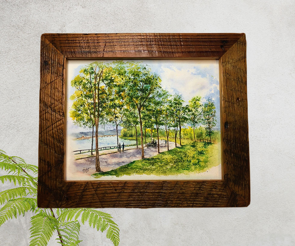Thumbnail: Watercolor of a tree lined road with a horse drawn carriage along a lake.