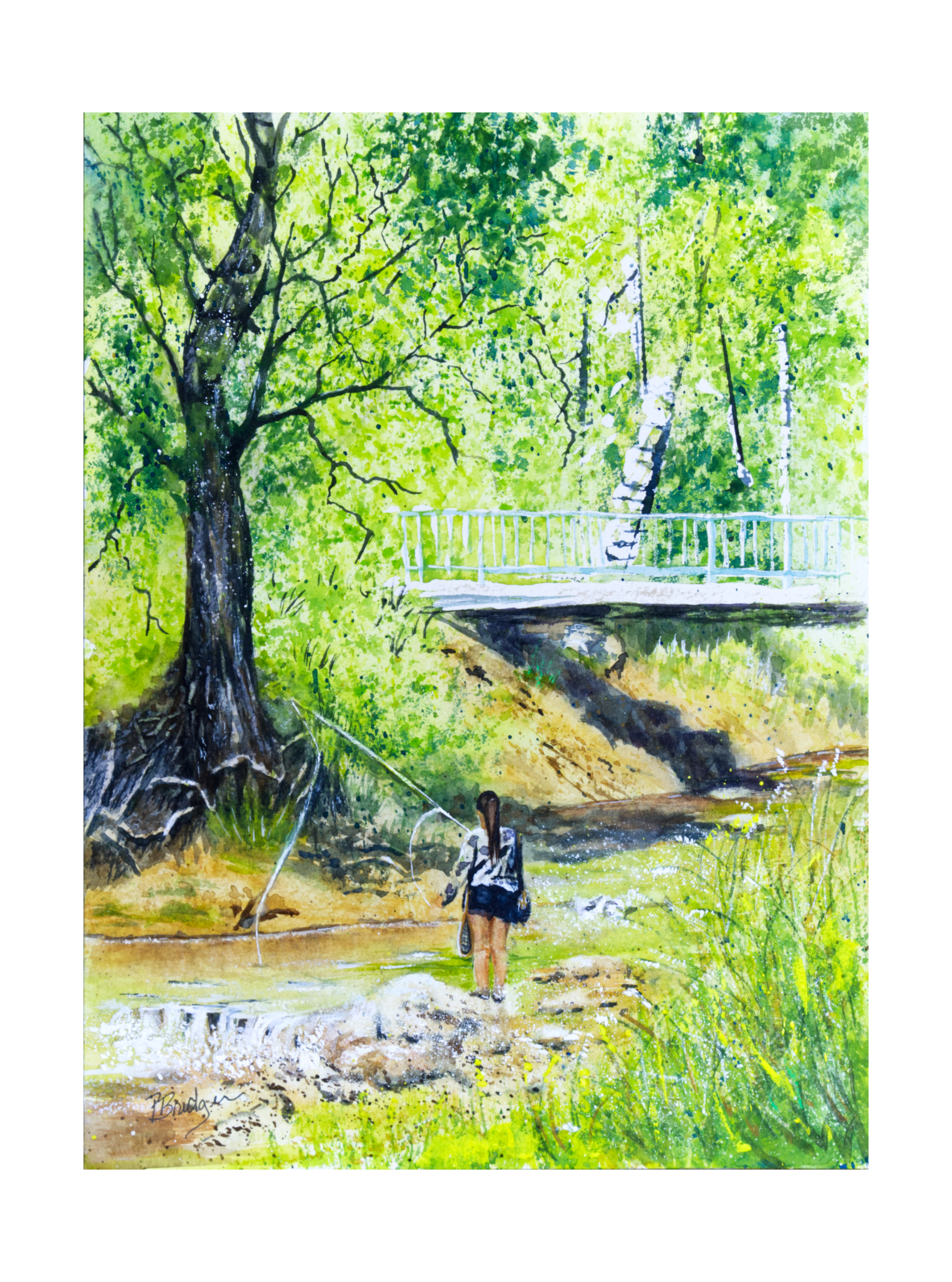 Fly fishing girl on a creek with a bridge