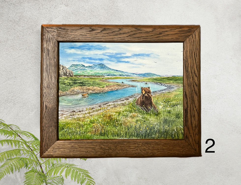 Thumbnail: Watercolor of a mother and baby bear cub hugging on the river bank with mountains in the background.