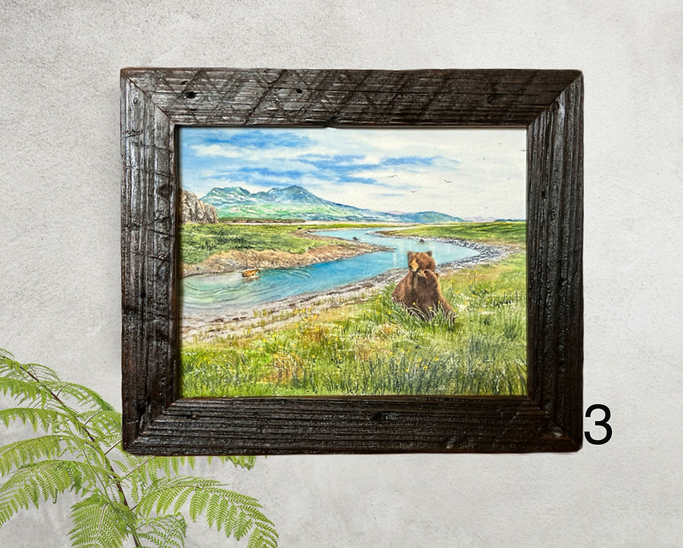 Thumbnail: Watercolor of a mother and baby bear cub hugging on the river bank with mountains in the background.