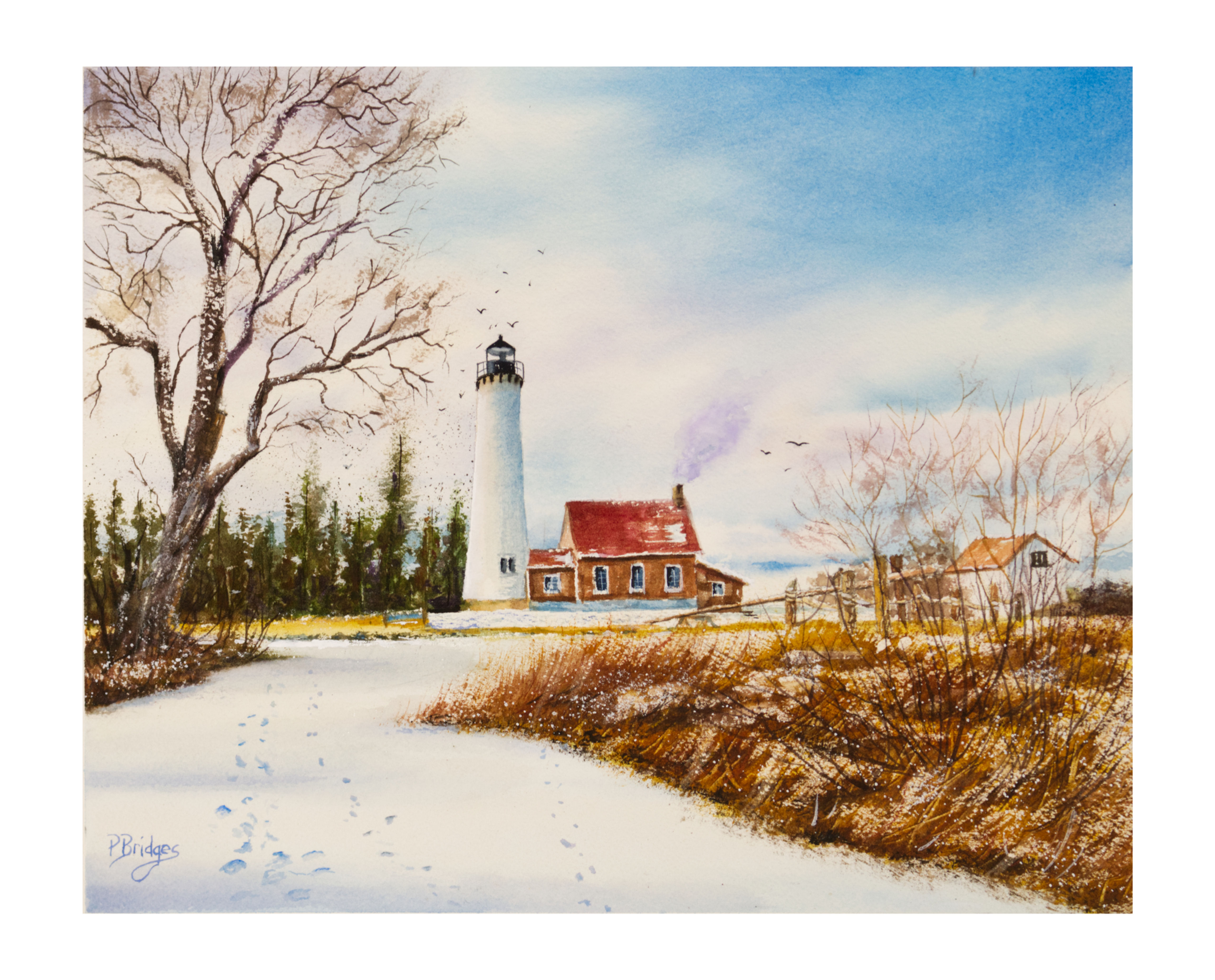 Tawas Point Lighthouse in Watercolor with Blue sky and orange twigs in snow.