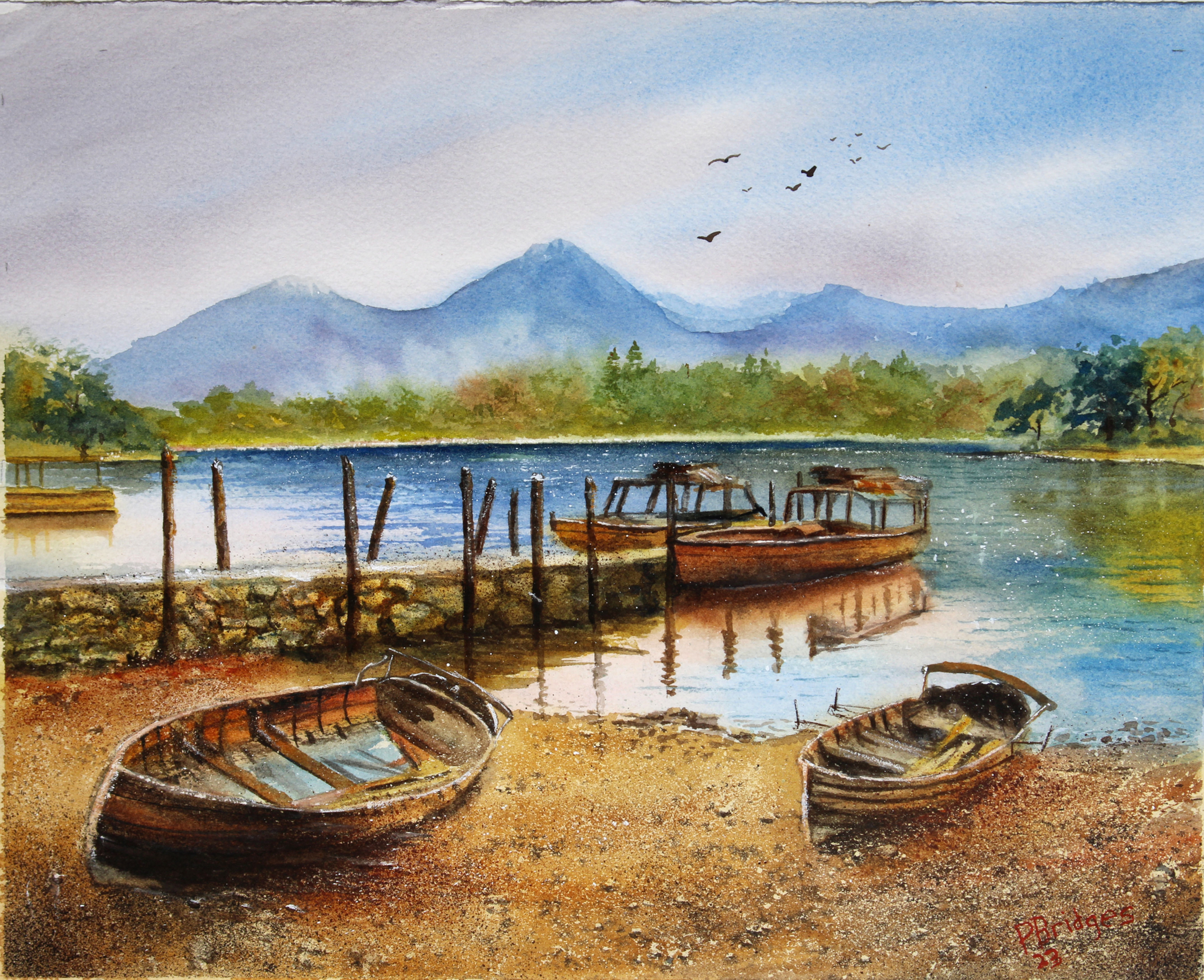 This is a watercolor painting of boats on a lake in the Lake District of Derwenter UK