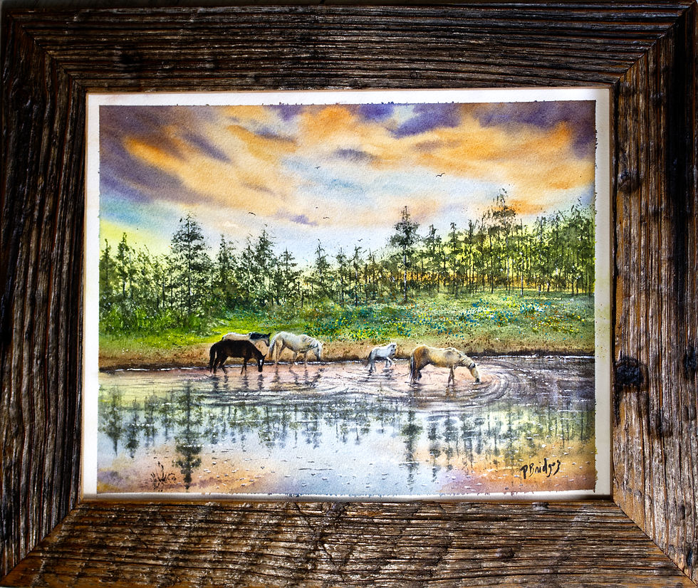 Thumbnail: 5 horses drinking from a lake in the sunset