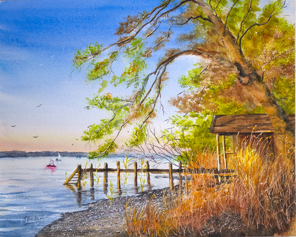 Thumbnail: Watercolor of a lake at sunset with a pier and a small hut