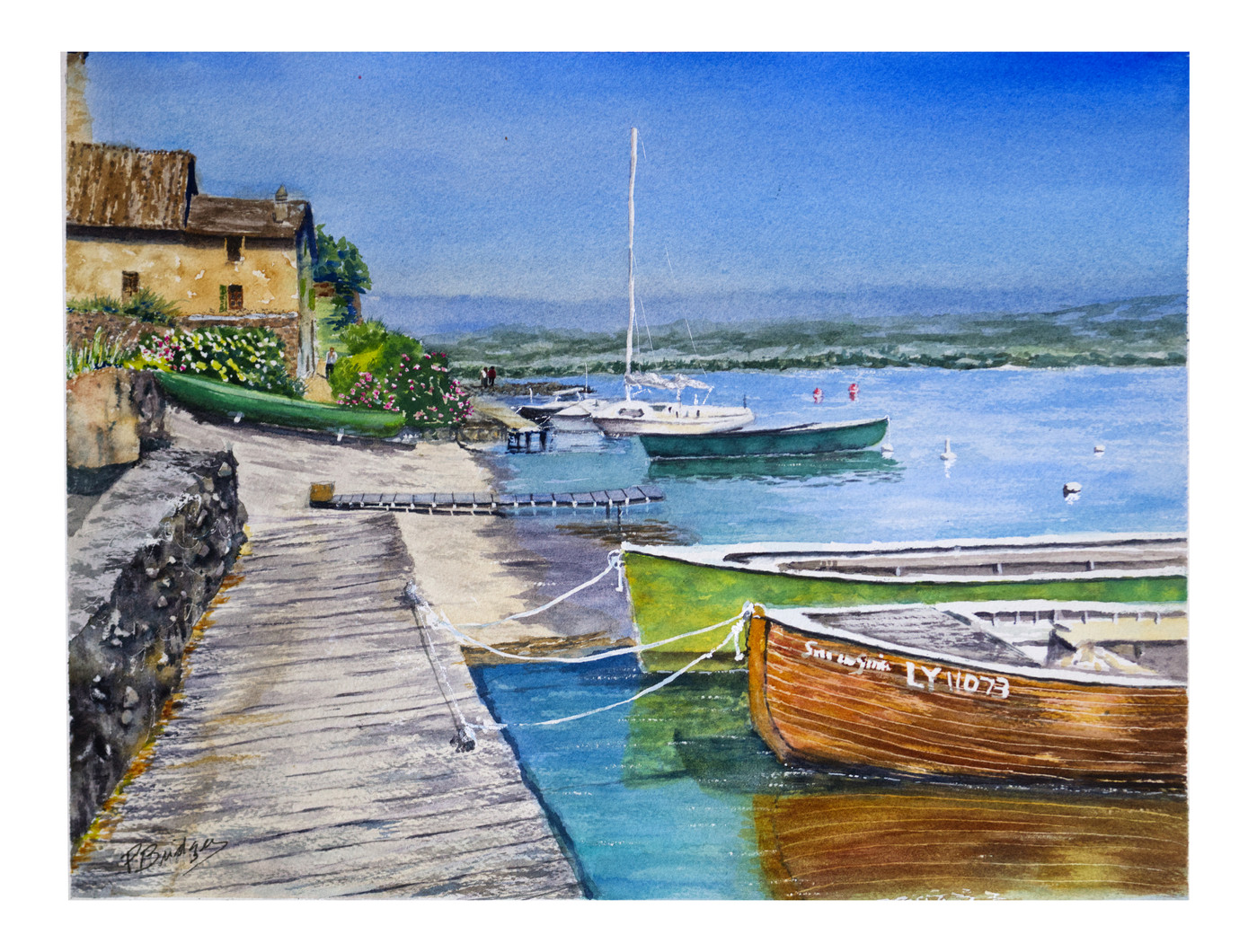 A vibrant watercolor painting of Chamonix featuring fishing boats on the Arve River with distant Alpine peaks.