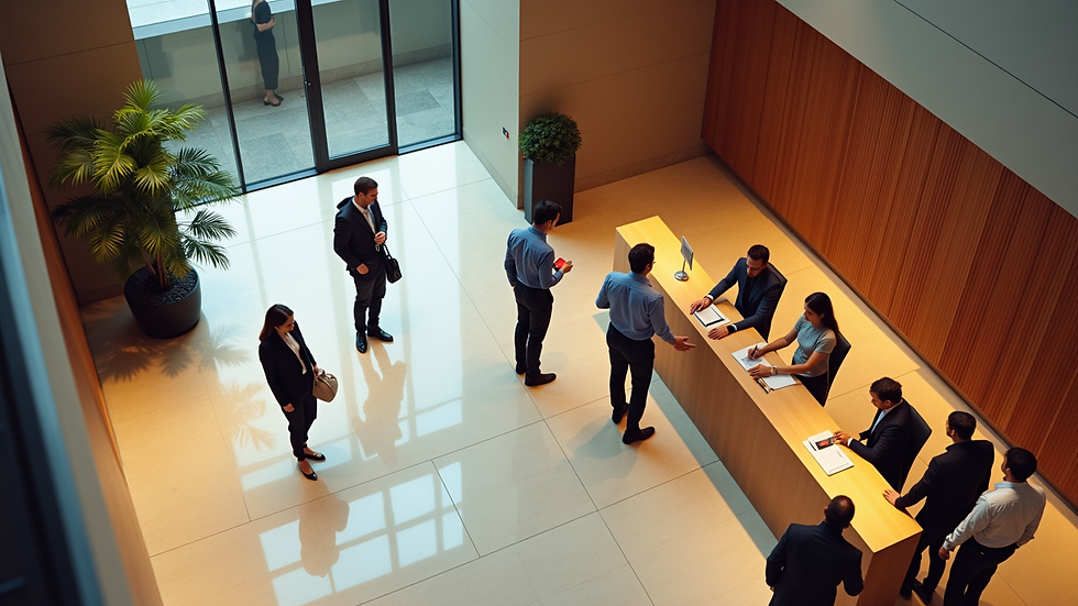 High angle view of a hotel lobby with modern design and active guest check-in