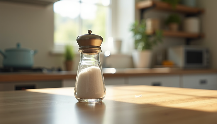 Eye-level view of a salt shaker on a kitchen table with natural light