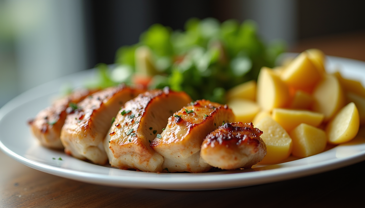 Κοντινή λήψη πιάτου με κοτόπουλο, πατάτες και σαλάτα