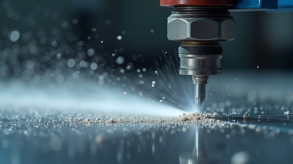 Close-up view of waterjet cutting nozzle spraying abrasive waterjet on stainless steel sheet