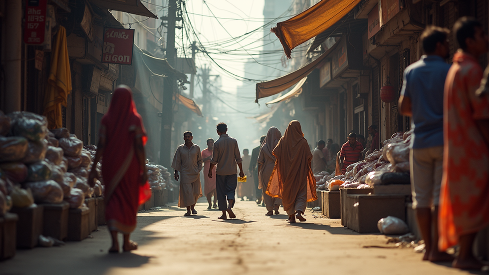 Eye-level view of a busy Indian street market with diverse shoppers