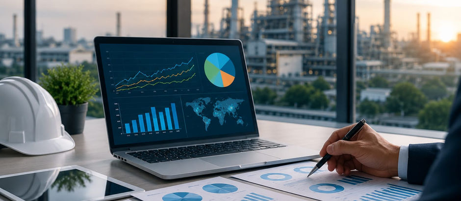 Business analyst reviewing demand forecasting dashboards with an industrial manufacturing facility in the background.