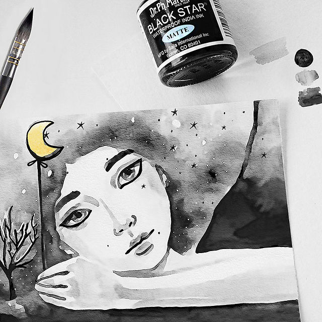 Träumendes Mädchen mit Mond und Sternen, gemalt mit Tusche und Watercolor.