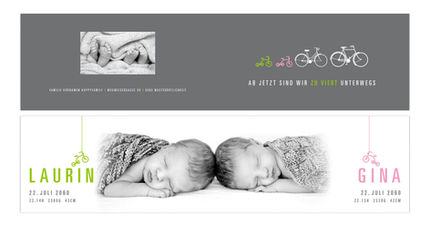 Die Geburtskarte «Laurin & Gina» eignet sich ideal als stilvolle Geburtskarte für Zwillinge, moderne Babykarte oder exklusive Babyanzeige und begeistert durch ihr einzigartiges Fahrradmotiv, ihr zeitloses Design sowie ihre hochwertige Gestaltung.