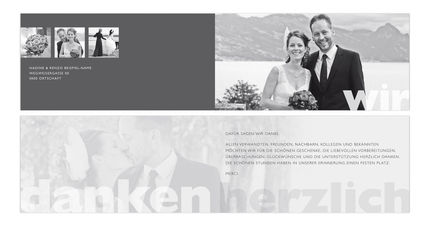 Ein liebevolles Dankeschön und eine wundervolle Erinnerung zugleich. Mit dieser quadratischen Karte mit Fotos der schönsten Momente Ihrer Hochzeit. Ein goldig glänzendes Herz um die Fotos und Ihre Initialen in goldiger Glanzfolie machen die Dankeskarte zu einem wunderschönen Andenken an Ihr grosses Fest.
