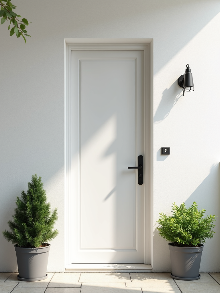 A white door with black hardware and seasonal potted plants.