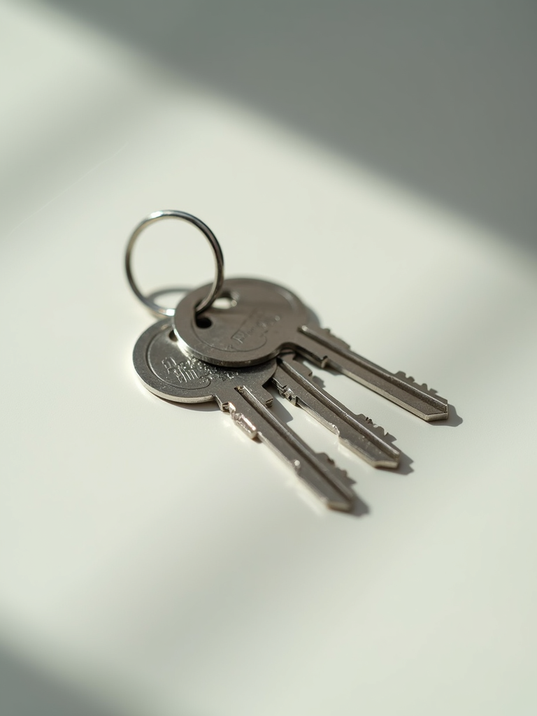 Silver house keys on a clean white surface.