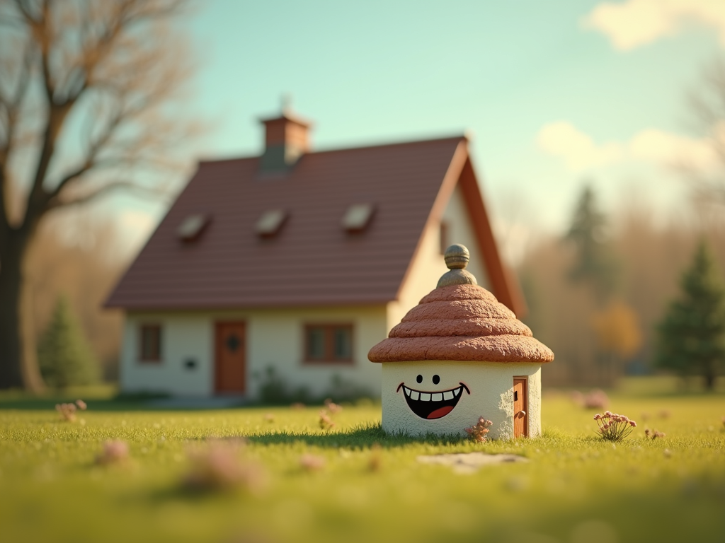 A funny cartoon house with a big smile and joyous expression.