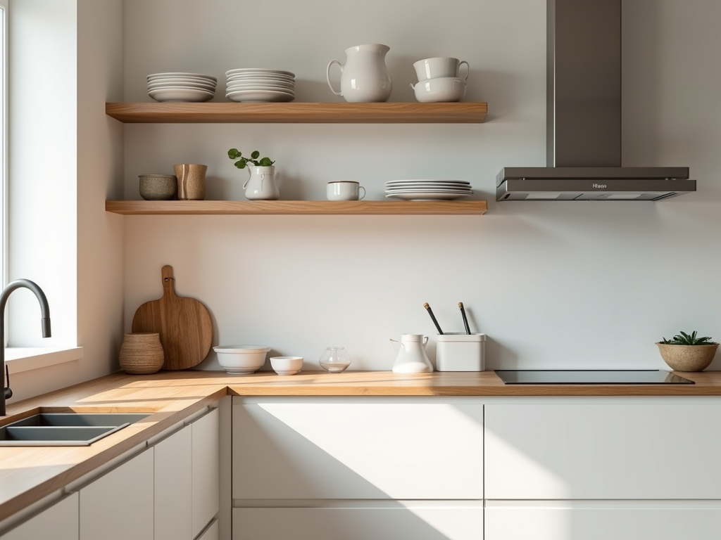 Bright modern farmhouse kitchen with natural wood shelves.