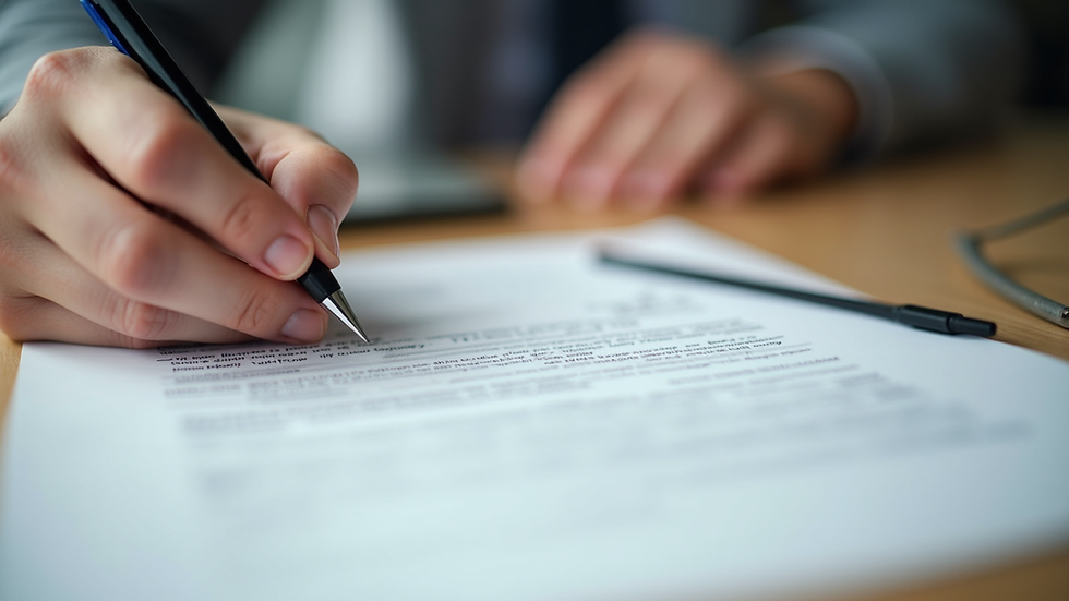 Close-up view of a real estate contract being signed on a wooden table