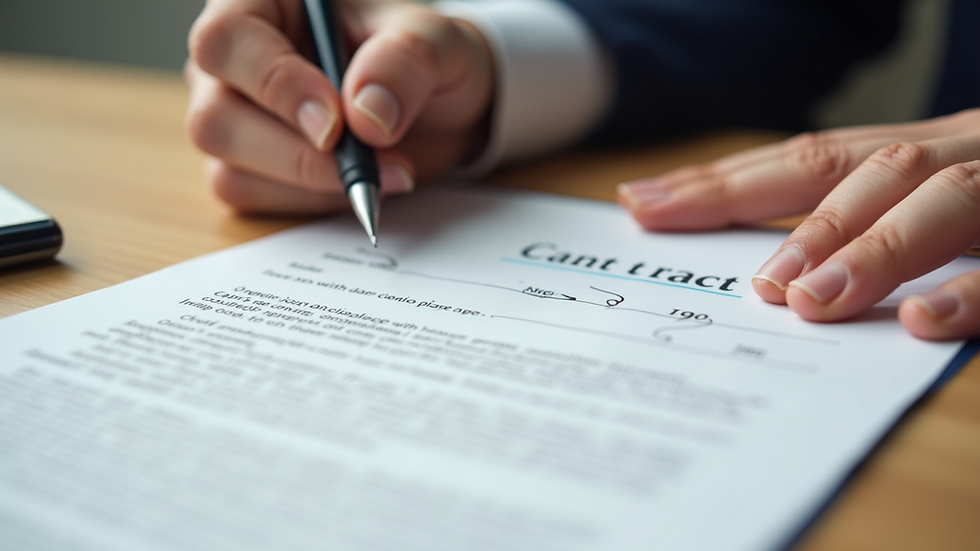 Close-up view of a real estate contract being signed with a pen on a wooden table
