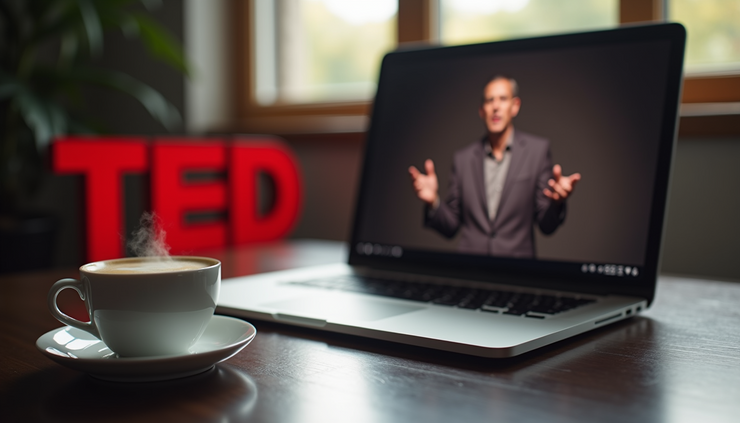 Eye-level view of a steaming cup of coffee on a wooden table with a TED Talk video playing on a laptop