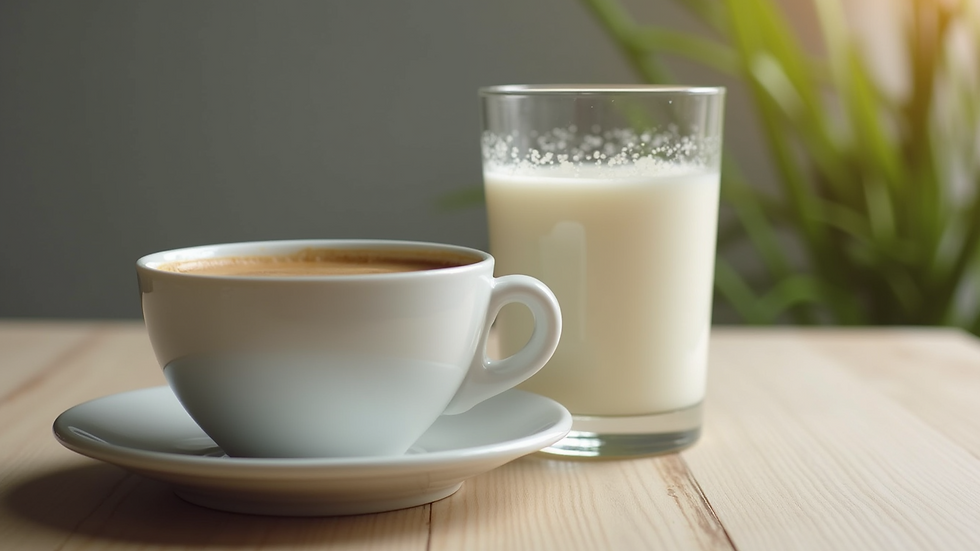 Eye-level view of a glass of skimmed milk next to a cup of coffee