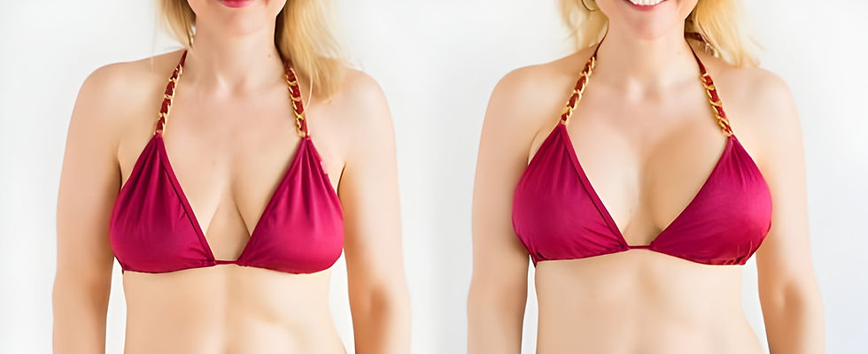 Before-and-after image of a woman wearing a bikini, showcasing the results of a breast augmentation surgery