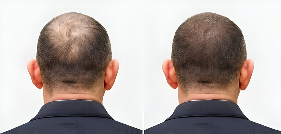 Back view of a man's head before and after hair restoration. Left side shows thinning hair; right side shows fuller hair. Neutral background.