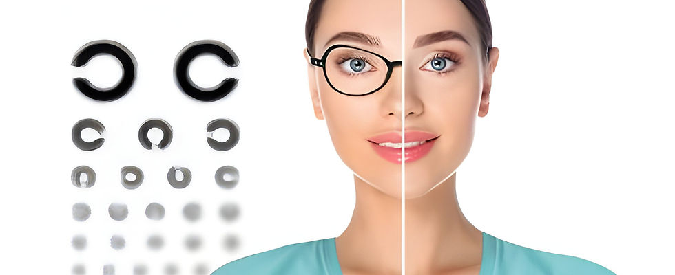 The image shows a before-and-after view of a woman’s face, highlighting improvement in eye condition due to laser eye surgery