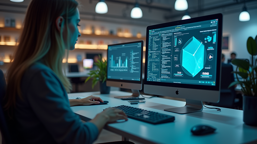 Eye-level view of a modern workspace with an AI dashboard