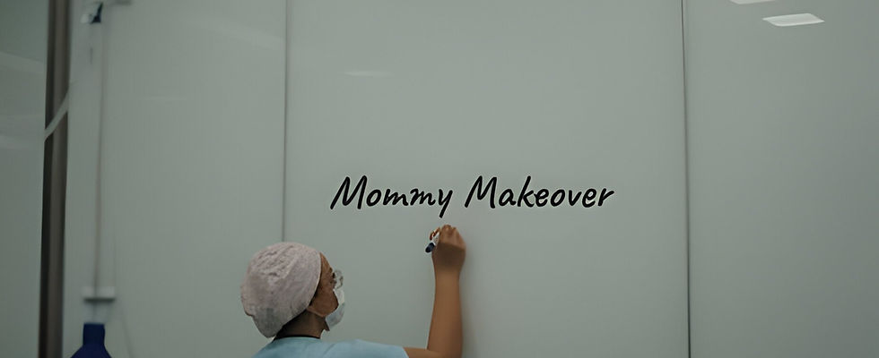 A healthcare professional in scrubs and a cap writing "Mommy Makeover" indicating post pregnancy cosmetic surgery