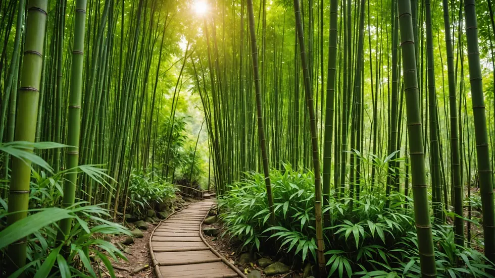 Eye-level view of Kamalaya's bamboo forest path adorned with lush greenery