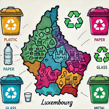 Luxembourg map with recycling bins labeled plastic, paper, glass, and metal