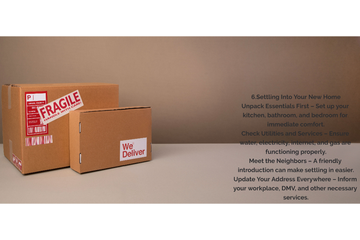 Two cardboard boxes, one labeled 'FRAGILE' and the other 'We Deliver', with text about settling into a new home