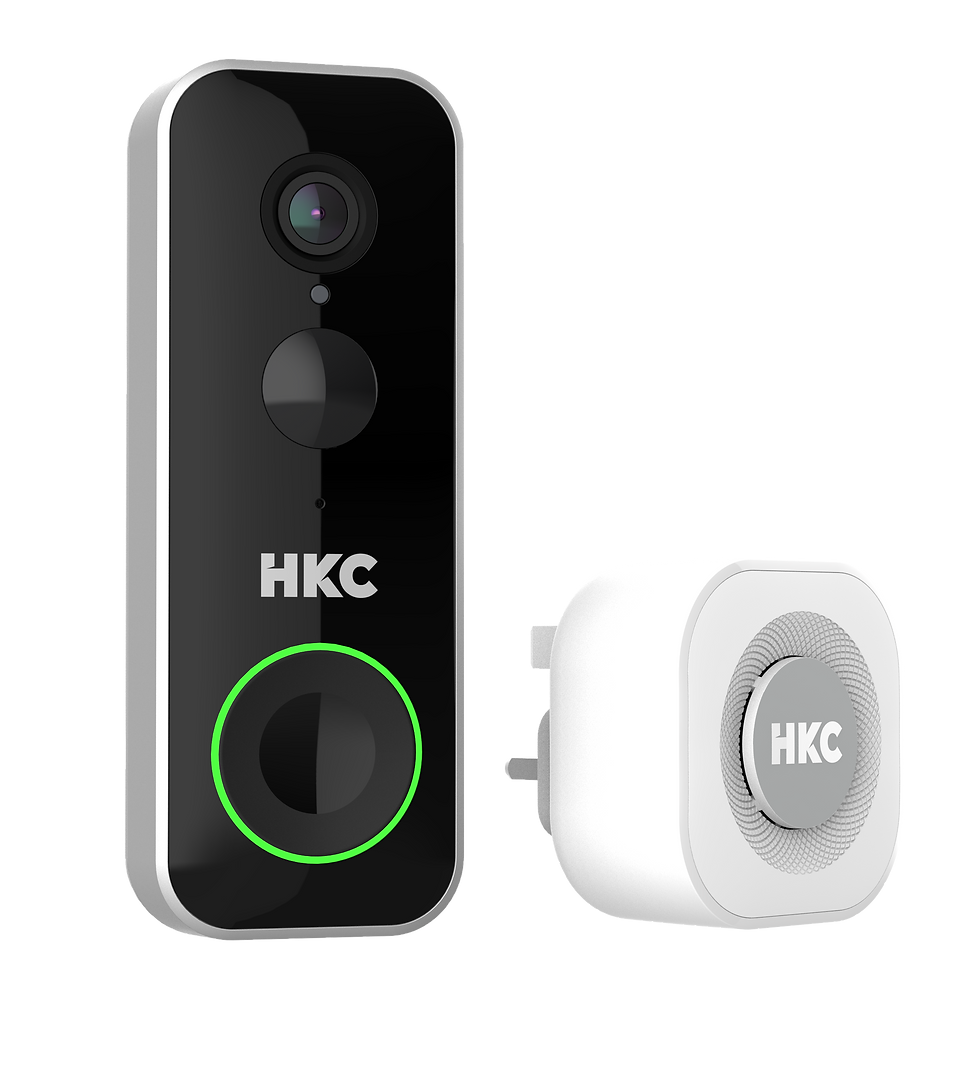 HKC smart doorbell camera and chime on black background, with green-ringed button and visible HKC logos