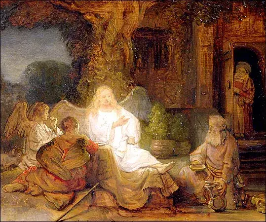 Rembrandt van Rijn’s Abraham Entertaining the Angels (1656) is a renowned etching with drypoint depicting the biblical scene from Genesis 18, where Abraham hosts three divine visitors who announce that Sarah will bear a son