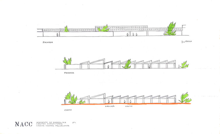 Centro Comunitário - Corte e fachadas_Fonte - Instituto JFL